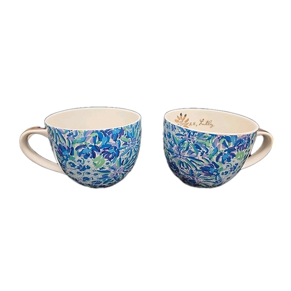 Set 2 Lilly Pulitzer Ceramic Mug Coffee Tea Cup Floral Design Hidden Lion Blue